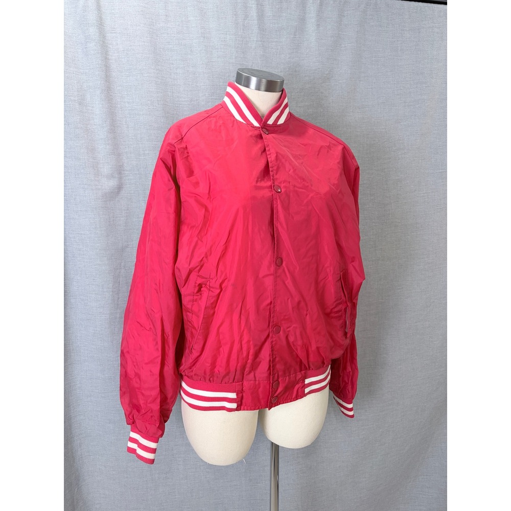 Vintage Sports Bomber Jacket Red White Striped Trim Varsity Large Good